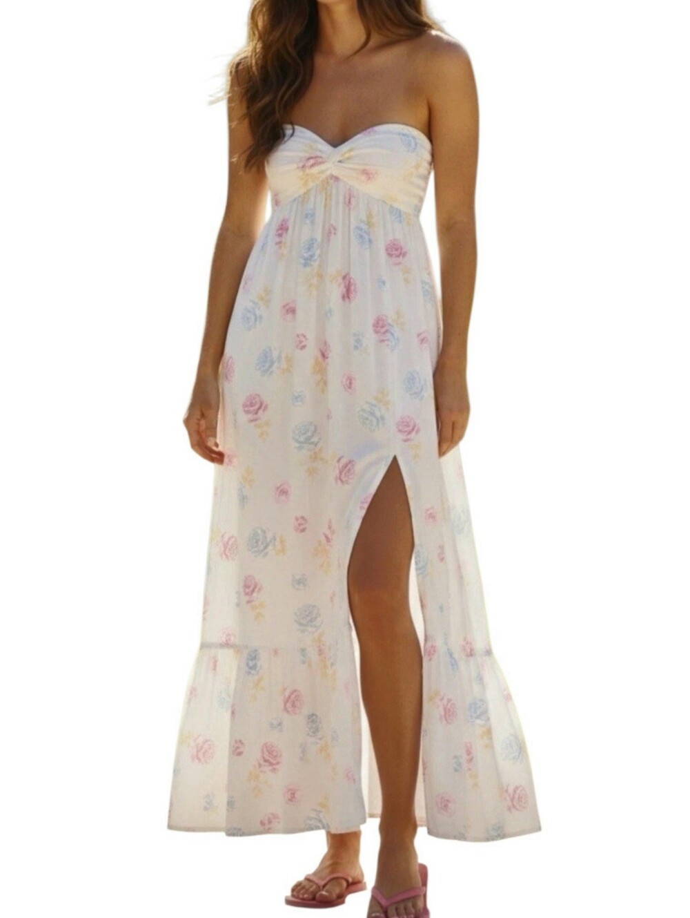 Aeropostale Floral Strapless Twist-Front Ruffle Cottagecore Soft-Girl Maxi Dress